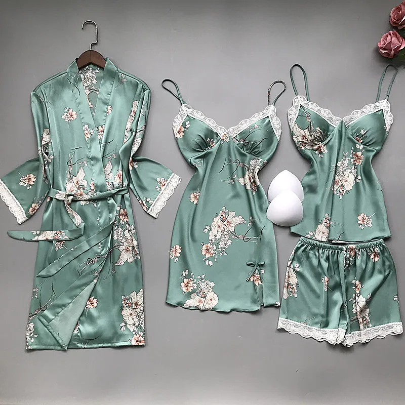 

Новинка 2021, пижамный комплект для женщин, весенне-Летняя Сексуальная кружевная ночная рубашка, шелковая атласная пижама, 4 предмета, ночной костюм с нагрудными подушечками