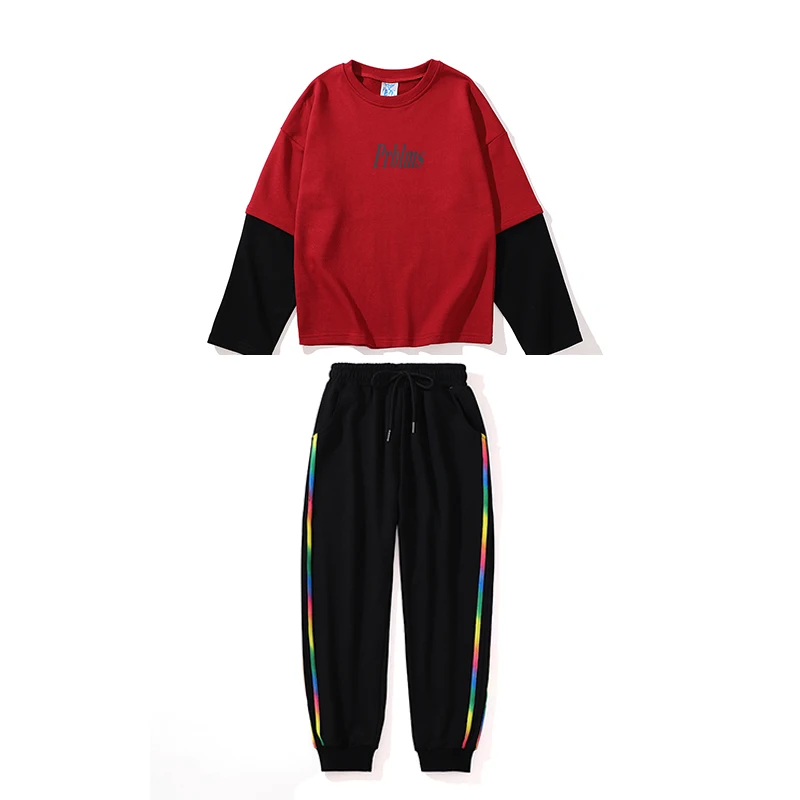 

Reflective Letters Long Sleeves Tops Kids Hip Hop Clothing Fake Two Piece Street Dance Set Boys Girls Jazz Show Costume