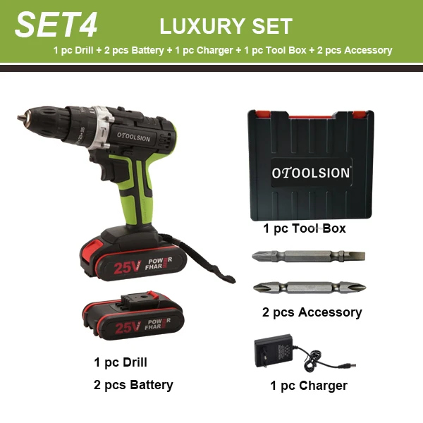 SET4 (2 pcs Battery) 25 в ударная электрическая отвертка 1600 об/мин 25+ 3 крутящий момент ударная электрическая дрель молоток электроинструменты с бурильными частями - Цвет: SET4 (2 pcs Battery)
