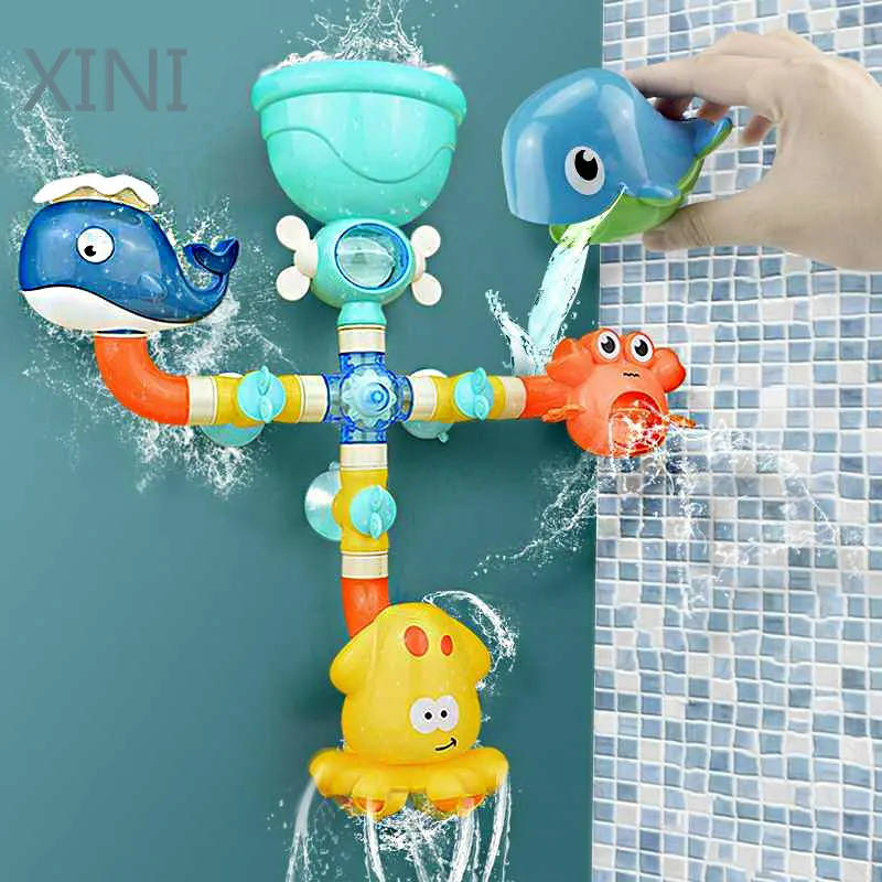 

Bath Toys Baby Water Game Faucet Shower Rubber Duck Waterwheel Dabbling Water Spray Set For Kids Animals Bathroom Summer Toys