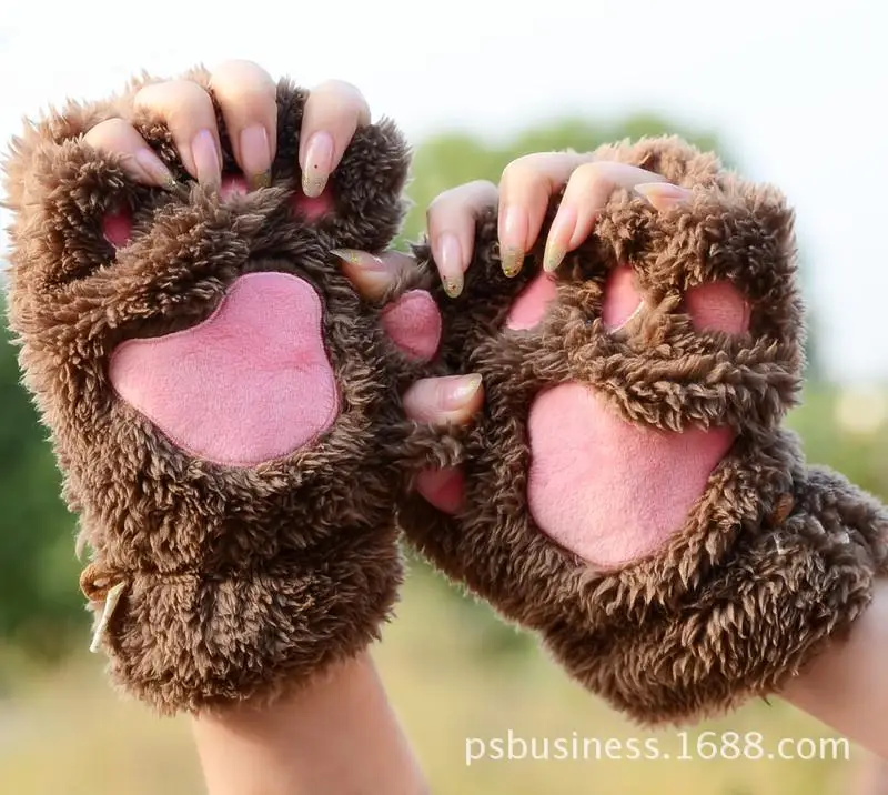 

Cat claw Gloves Winter cute cartoon cat girls' open finger gloves thickened fluffy bear paw Half Finger Gloves Warm gloves