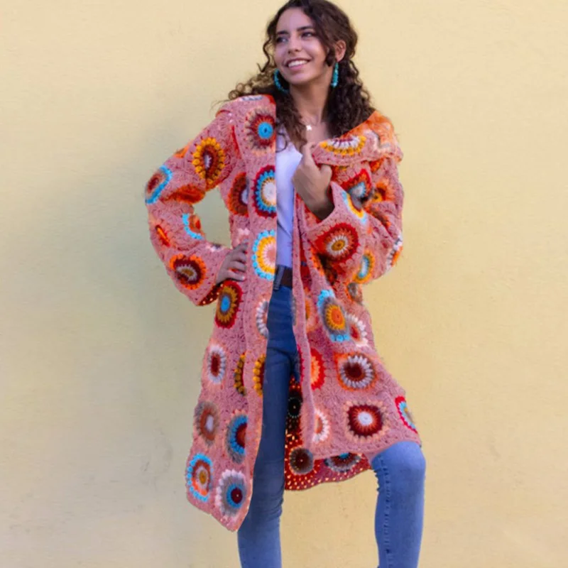 

Autumn Winter Casual Long Sleeve Loose Jumper Jacket Retro Pattern Knit Hooded Cardigan Fashion Single Breasted Women Outerwear