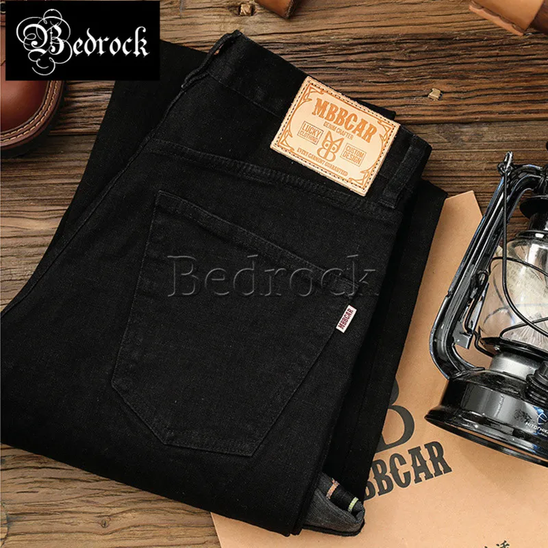 MBBCAR 12oz vintage selvedge jeans for men thin black jeans silm straight cargo pants one washed raw denim jeans black base 7343
