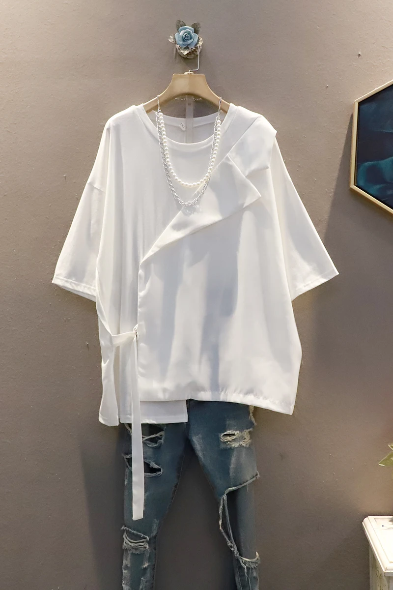 

SuperAen Summer New Solid Loose Asymmetric Patchwork Loose Plus Size Short Sleeve O Neck Woman Tshirts