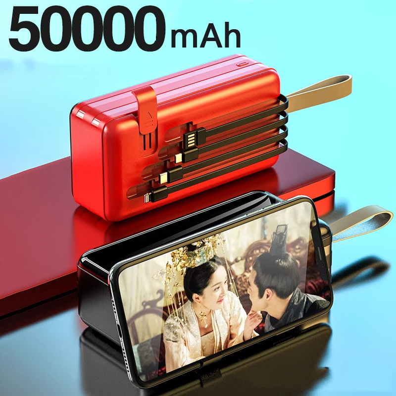 Online Banco De Energía De Alta Capacidad, Cargador Portátil Con Cable Incorporado De 50000mAh Para IPhone 12 11, Xiaomi, Batería Externa Con Luz