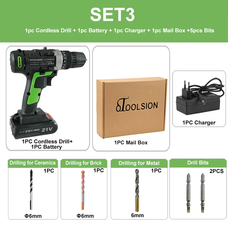 SET3 (1 pc battery) 21 в 12 В перезаряжаемая отвертка, Аккумуляторная дрель, электрические инструменты, шуруповерт, зарядная электрическая отвертка, набор+ запчасти для дрели - Цвет: SET3 (1 pc battery)