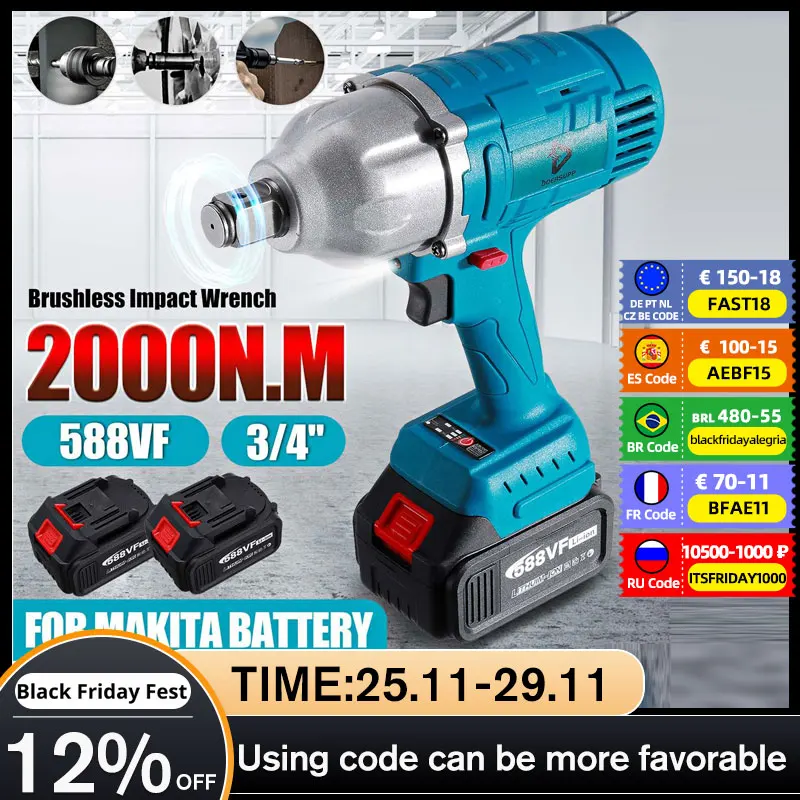 REAL 2000N.M Cordless Electric Impact Wrench 3/4 inch Socket Power Tools 588Vf Li Battery +LED light Adapt to Makita 18V | Инструменты