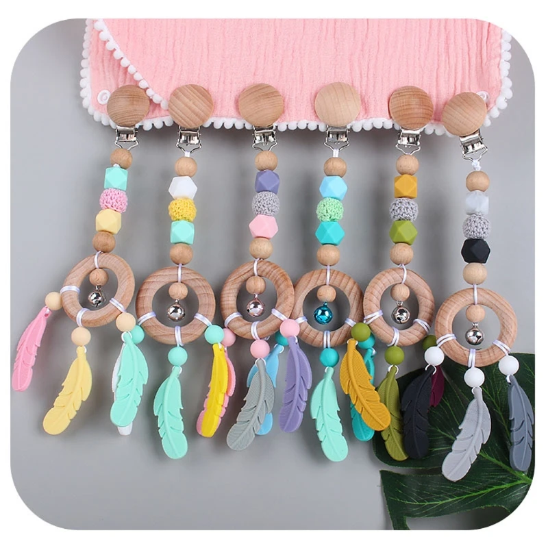 

1pc Baby Teether Wooden Pram Chain Clip Baby Mobile Pram Silicone Bead Pacifier Chain Chewable Silicone Rattle Play Gym Toy T8ND