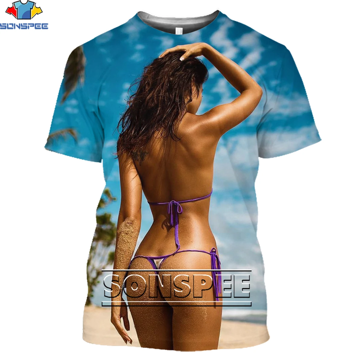 

SONSPEE Sexy Beach Bikini Thong Model Buttocks Goddess T-shirt Men Women Passion Shirt Man Oversize Short Sleeve Otaku Clothing