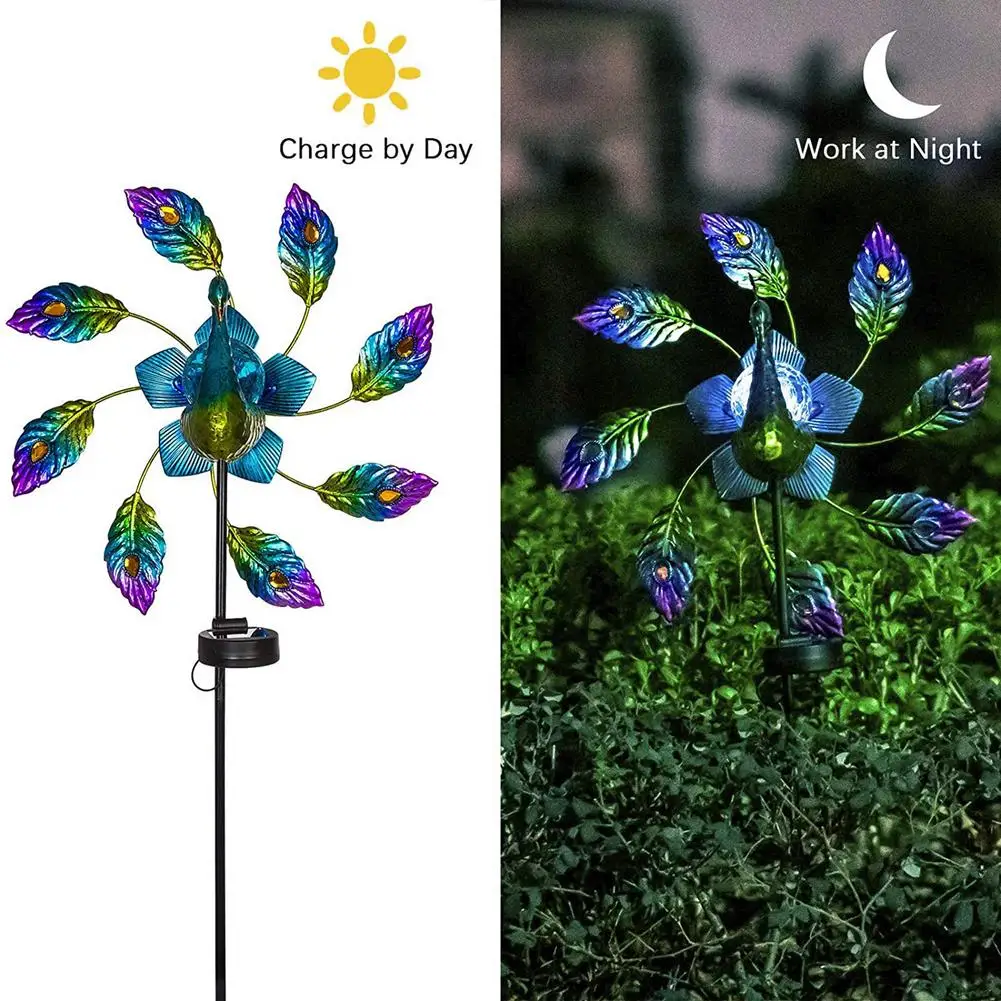 

Peacocks Windmill With Solar Led Light Garden Metal Color Stake Outdoor Yard Wind Spinner Home Decoration Accessories