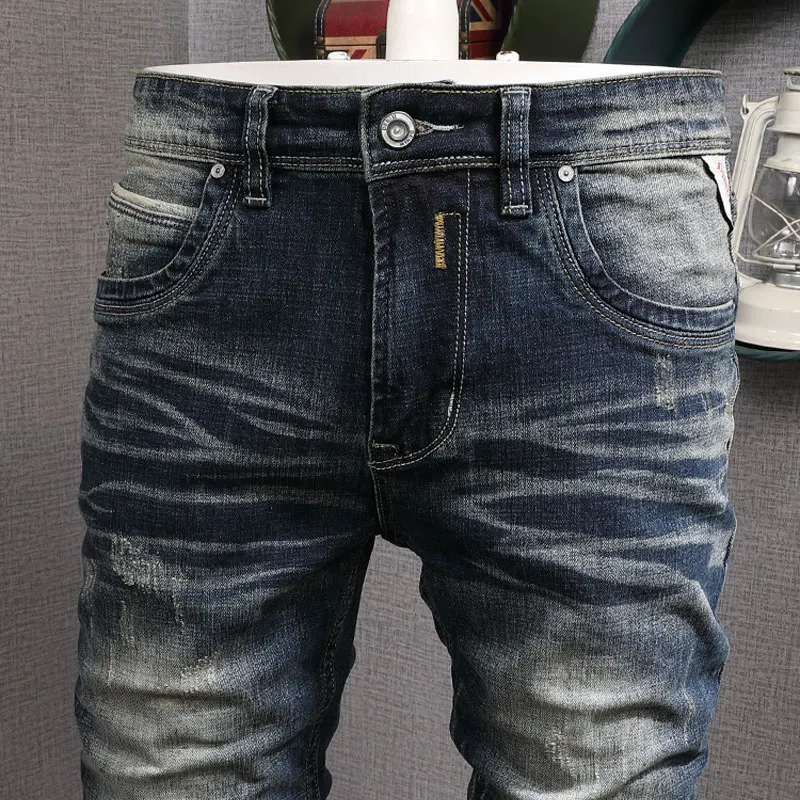 Italian Vintage Fashion Men Jeans Retro Blue Elastic Cotton Slim Fit Ripped Jeans Men Distressed Designer Casual Denim Pants
