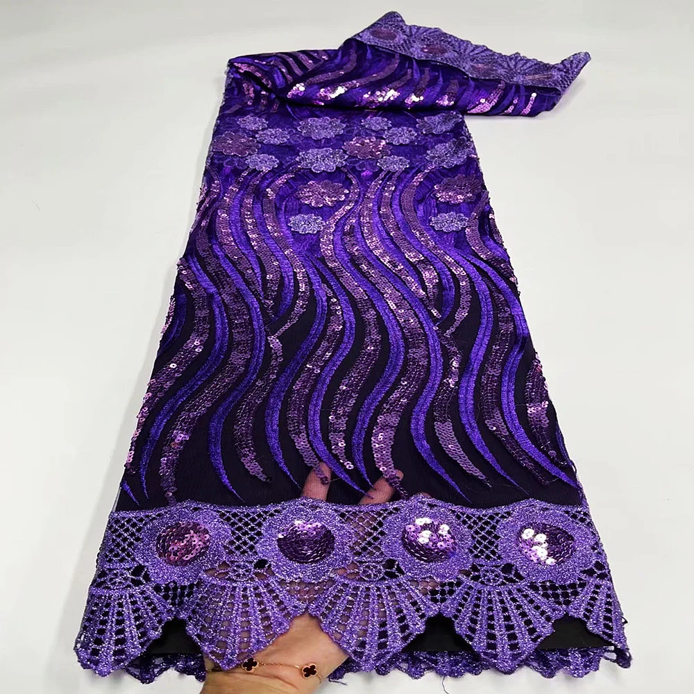 

Nigerian tulle Lace Fabric High Quality African Sequins Net Lace Fabrics Wedding Material 5yards Purple Color For Dress Zj16-27