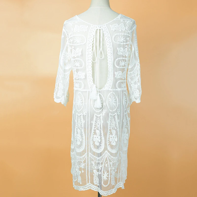 

Backless Sexy Women Beach Dress Crochet Lace Hollow Out Bikini Cover-Ups Sun Protection Dresses Elegant See-Through Cover Up
