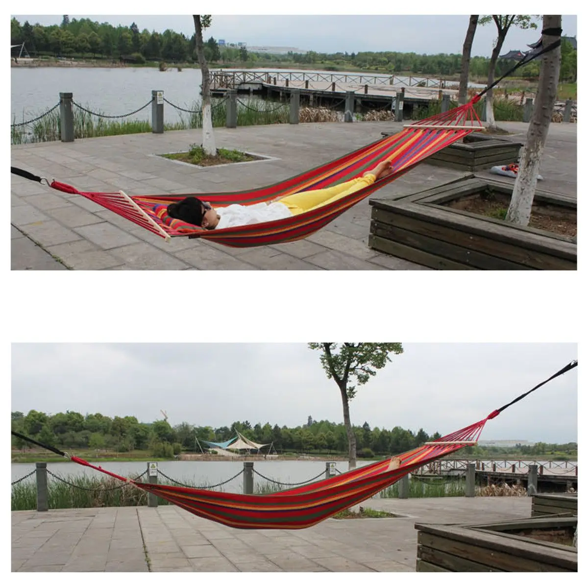 値段 200 × 80センチメートルハンモックとポール屋外のキャンプ旅行ハンモック椅子スイングキャンバス睡眠ベッドガーデン裏庭家具新しい