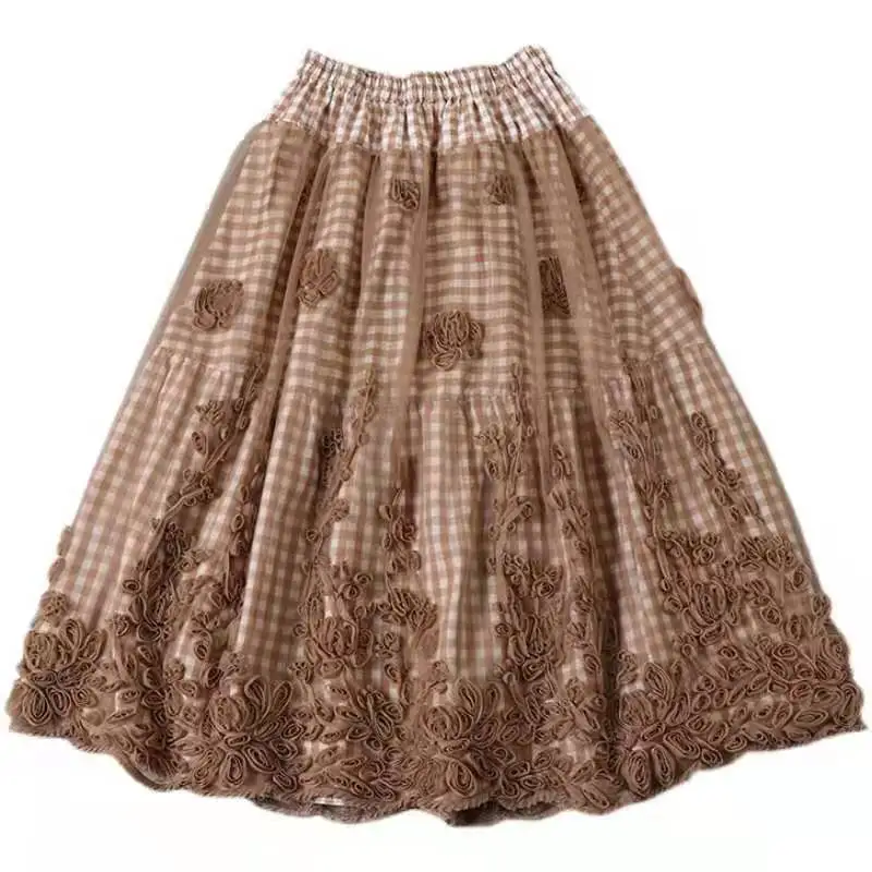 

SH6827 Japan Style Mori Girl Floral Print Midi Skirt 2021 Spring Lace Hollow out Hem A-line Women Skirts