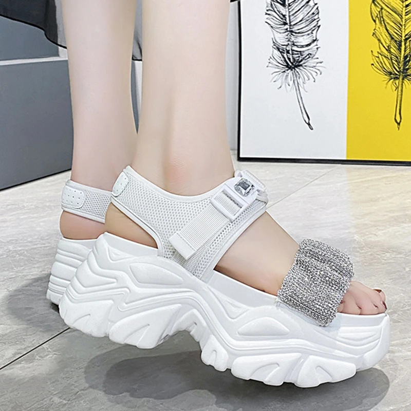 

Rimocy Bling Crystal Platform Flat Sandals Women 2021 Fashion Buckle Strap Thick Bottom Sandalias Female Summer Sports Sandal