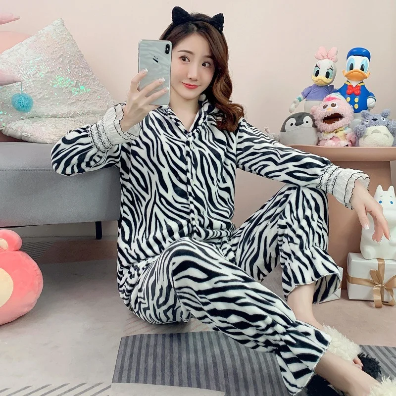 Autumn and Winter Coral Velvet Pajamas Women's Suit 2021 New Flannel Thickened Plus Velvet Warm Home Service