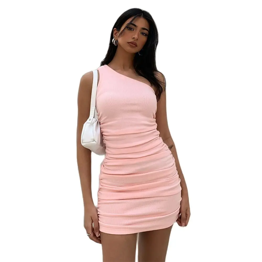 

10 Color Summer Women Bandage Bodycon Dress Vestidos Verano Sexy Elegant One Shoulder Celebrity Party Club Pleated Stretch Dress