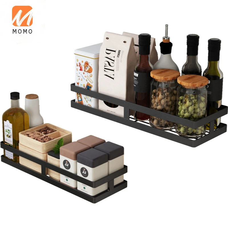 

Kitchen shelf hanging black receive free punching seasoning frame head wall condiment shelves