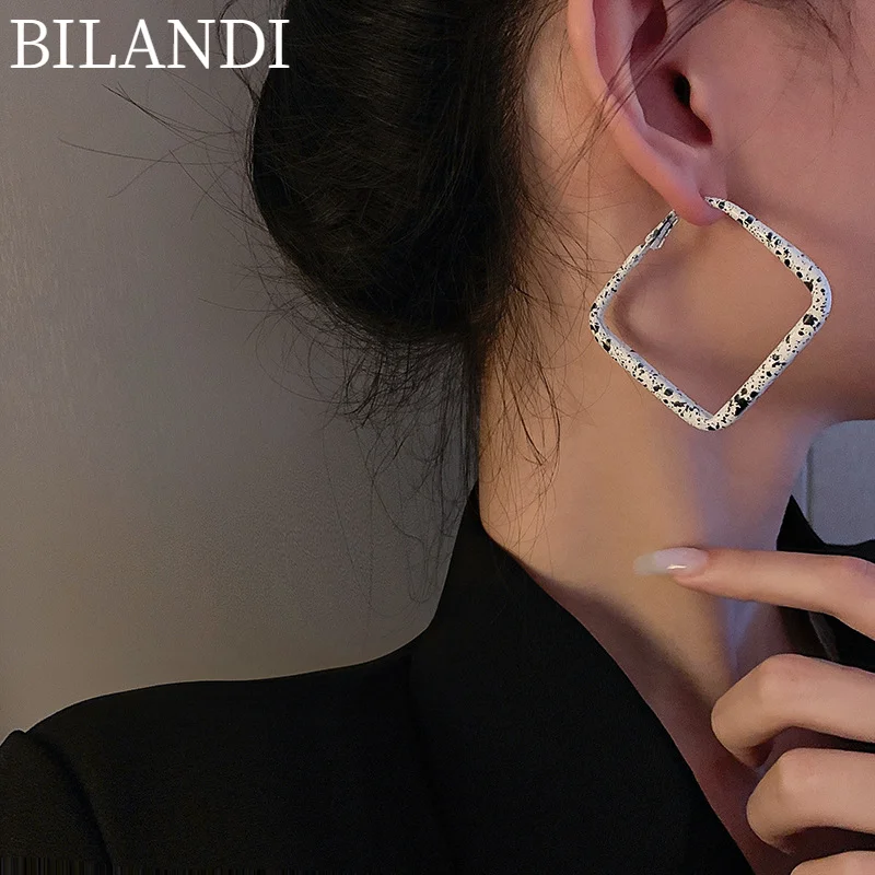 

Bilandi S925 needle Vintage Jewelry Retro Hoop Earrings 2021 New Design Square Round Black White Green Earrings For Women Gifts
