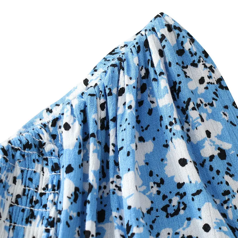 

Summer Women Blue Flower Shirring Dresses Puff Short Sleeve Smocking Stitch A-Line One Piece Holiday Beach Robe Romantic Style