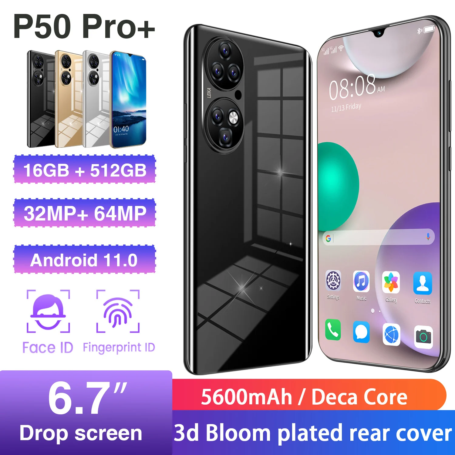 

2021 Newest 6.7 Inch P50 Pro Mobile Phone Snapdragon 888 Android 11 16GB 512GB Smartphone 5600mAh Face ID Smart Cellphone