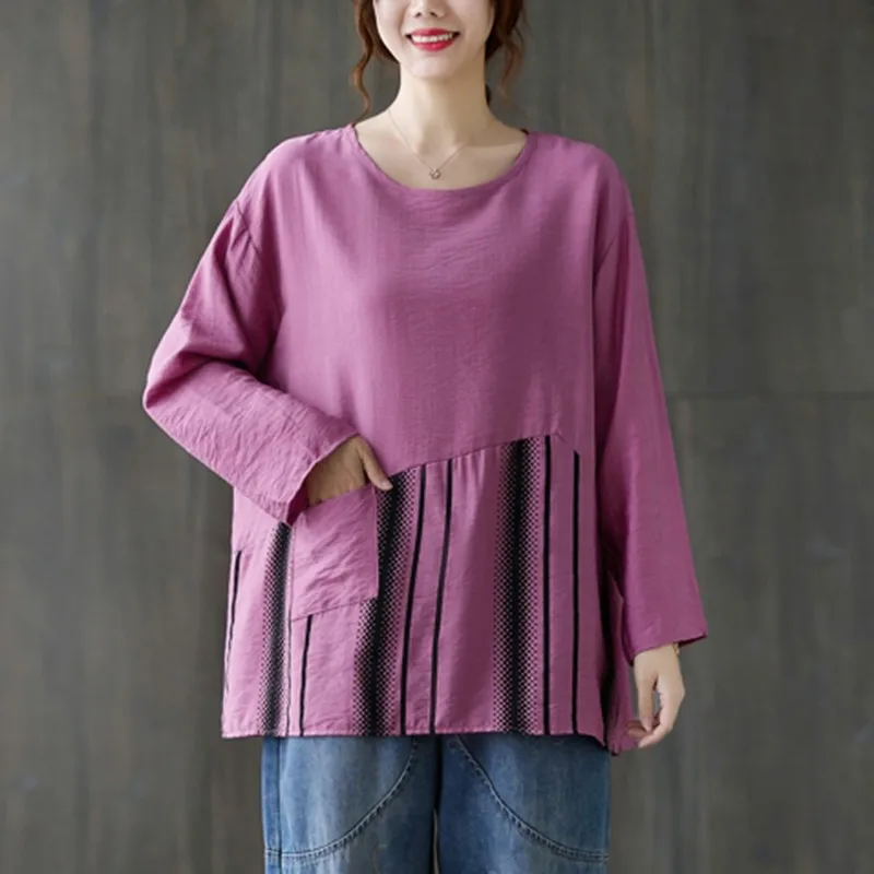 

Женская хлопковая футболка с длинным рукавом, Повседневная Свободная футболка составного кроя в винтажном стиле, модель B1104 на осень, 2021