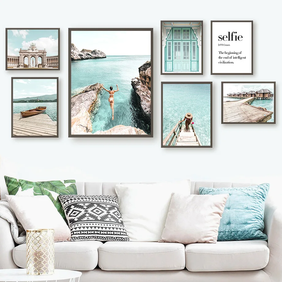 

Bikini Girl Sea Pier Bridge Resort Quotes Wall Art Canvas Painting Nordic Posters And Prints Wall Pictures For Living Room Decor
