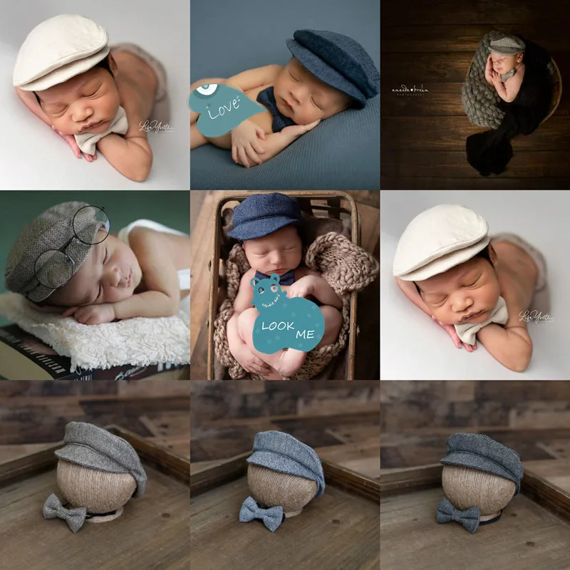 

Newborn Baby Boy Hat Costume Little Gentleman Bow Tie Newborn Photography Props Photo Studio Accessories