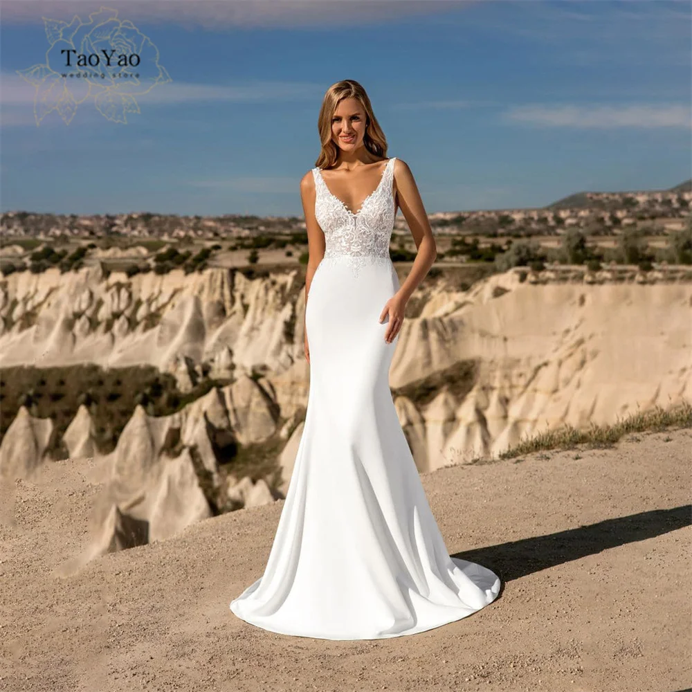 

Mermaid Wedding Dress V-neck Strap Sleeveless Satin Lace Stitching Open Back Bridal Gown Vestidos De Novia Marriage Dress