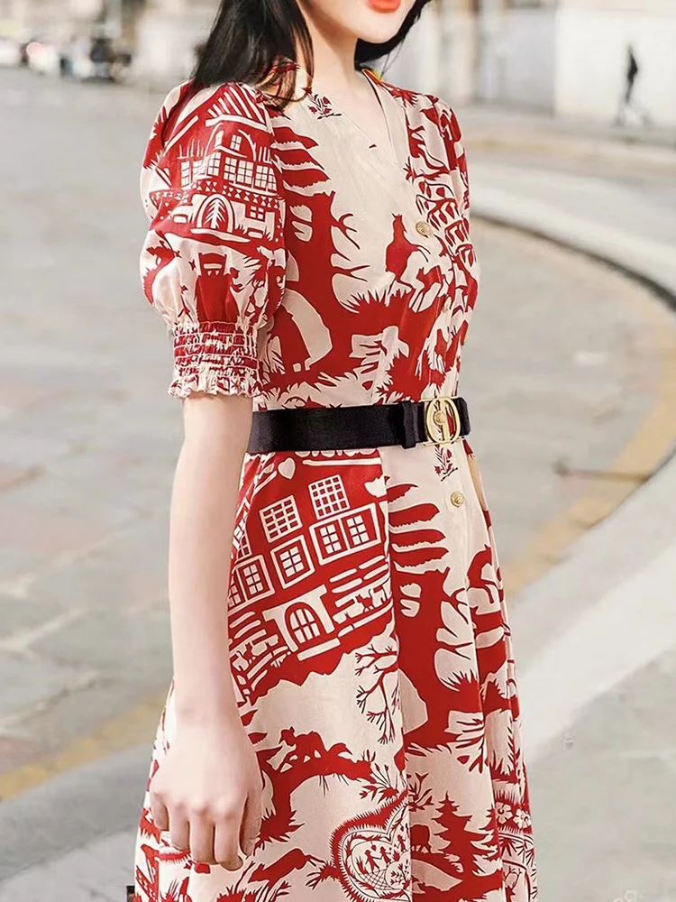 

Женское платье с пышными рукавами, свободное платье в подиумном стиле с геометрическим принтом, V-образным вырезом, поясом и широкой юбкой с ...