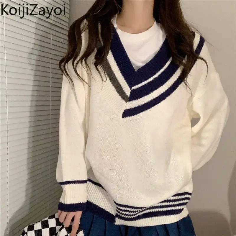 

Koijizayoi Women Preppy Style Loose Sweater Students V Neck Casual Fall Winter Jumpers Fashion Lady Chic Warm Chick Pullovers
