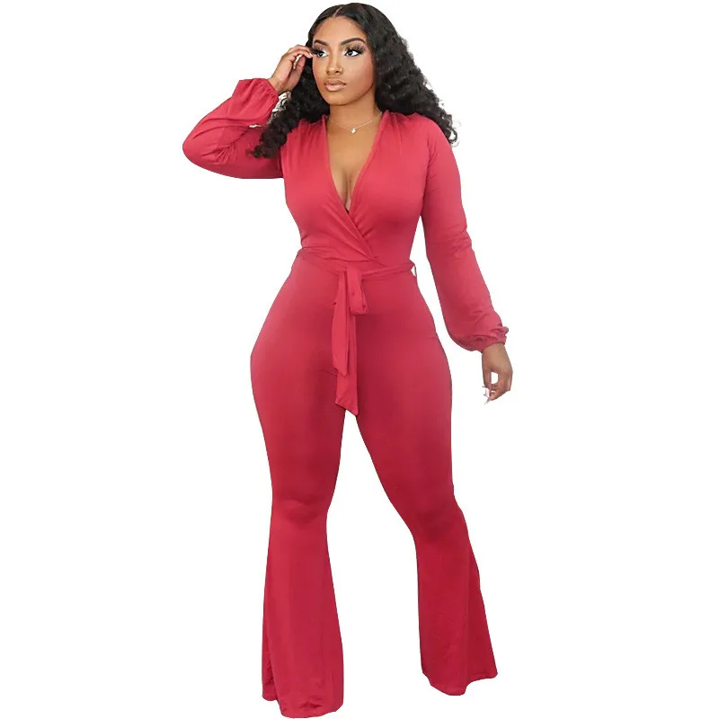 Женский комбинезон с V образным вырезом длинным рукавом и завышенной талией