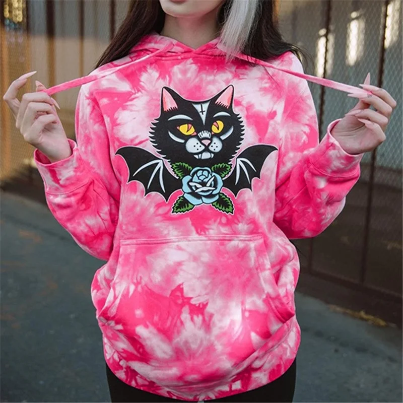 

Женский свитшот с капюшоном, готический пуловер в стиле панк с длинным рукавом и принтом летучая мышь, свитшот с капюшоном, модель Y2k на осен...