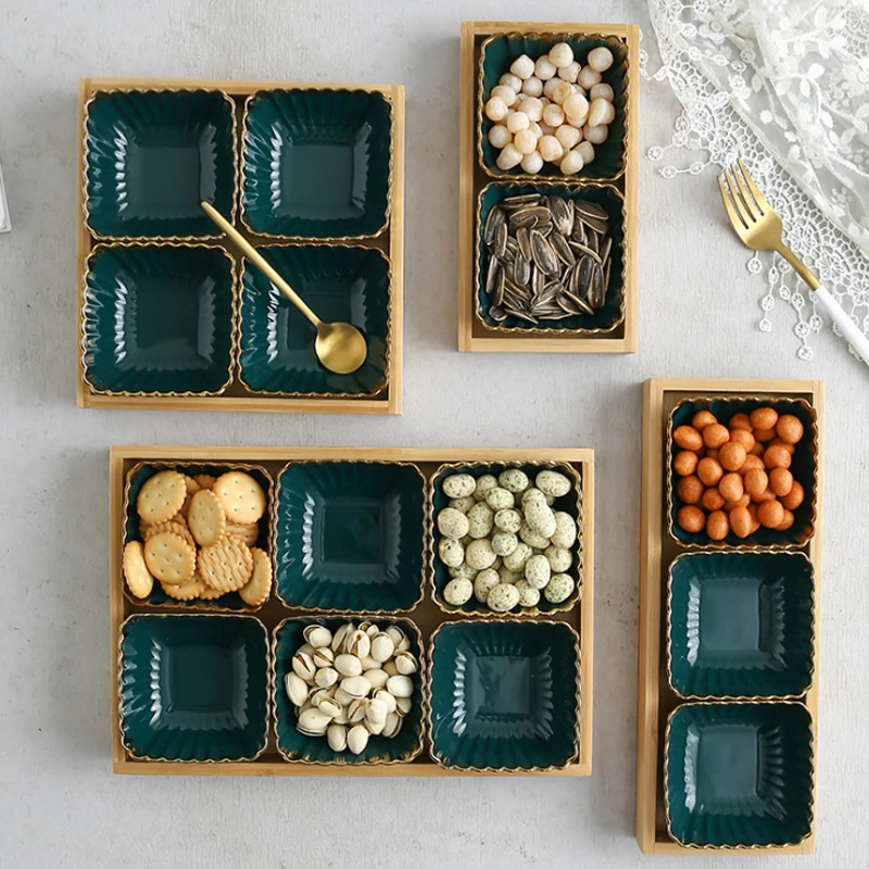 

Green Gold Rim Ceramic Dish Wood Tray Creative Porcelain Snack Dessert Plate Fruits Platter Bamboo Serving Tray Holder Tableware