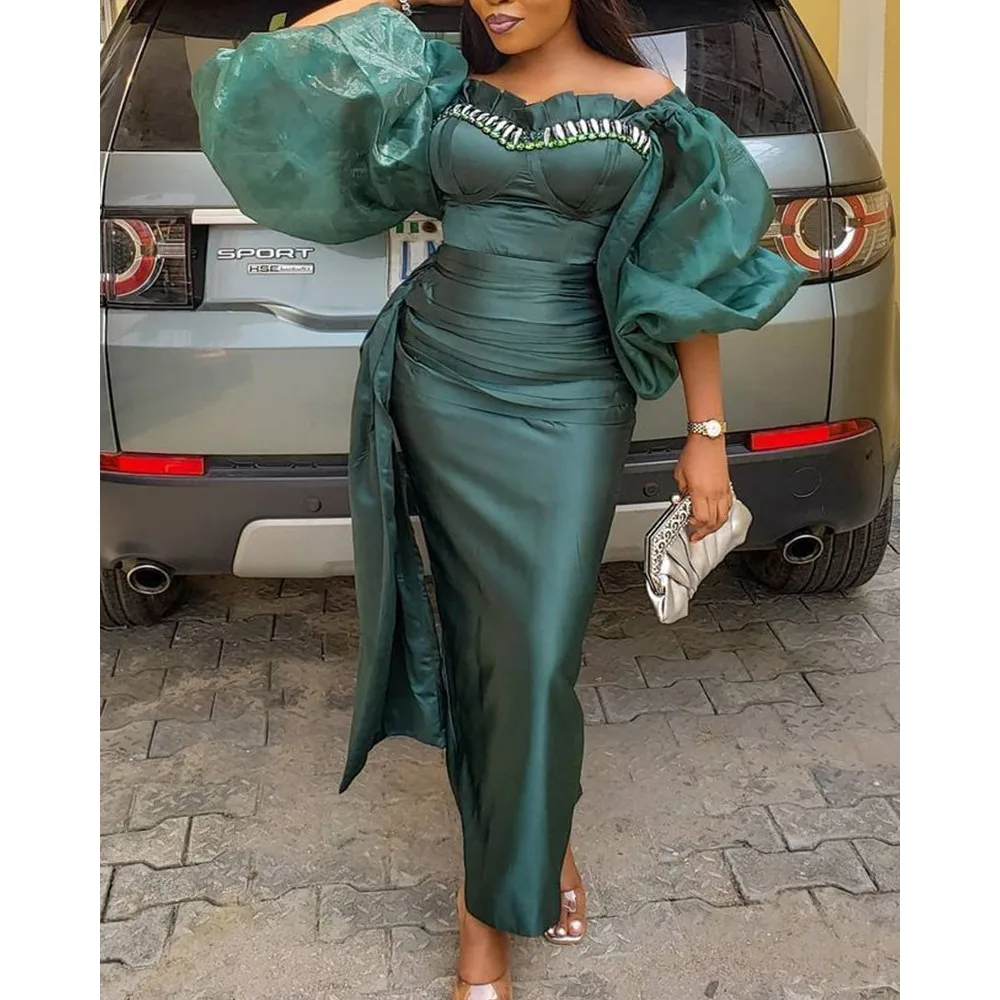 Элегантное женское зеленое платье с пышными рукавами и высокой талией осенняя