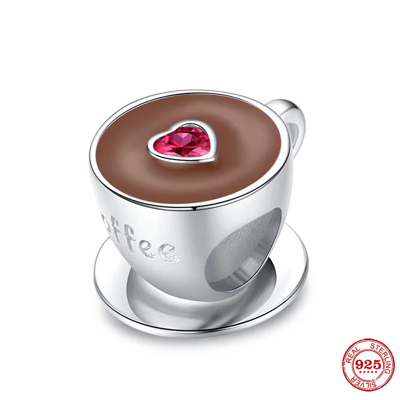

New S925 Sterling Silver Beads Coffee Cup Charm With Red Zircon Bead Fit Original Pandora Bracelets Women DIY Jewelry