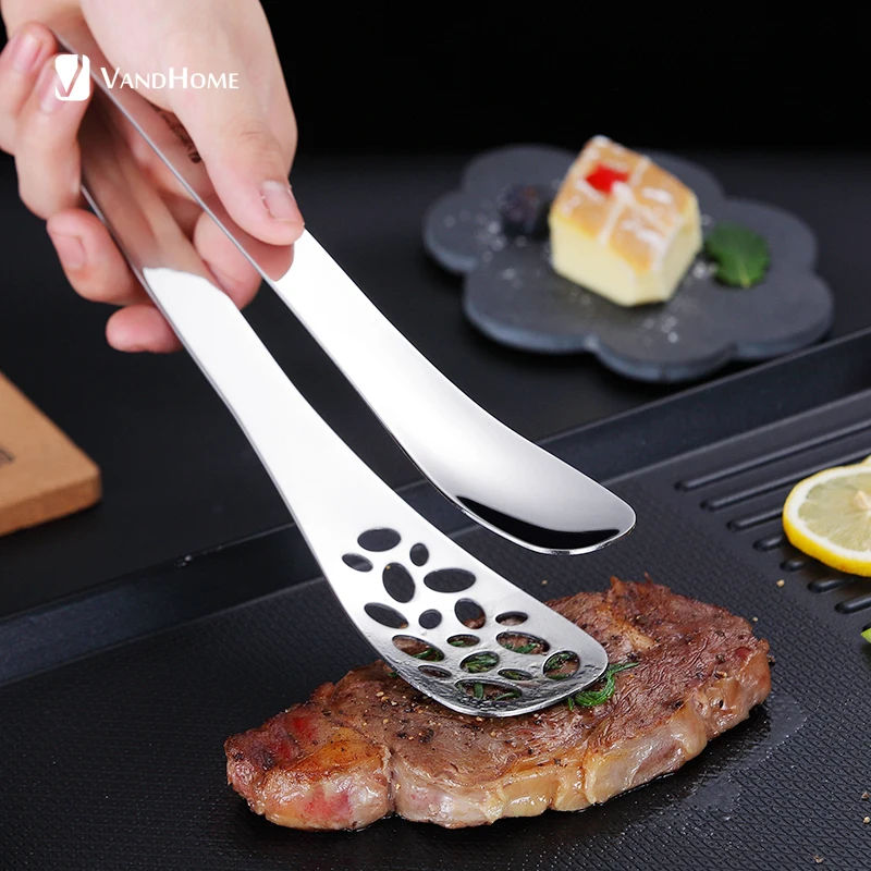 

VandHome 18/8 Stainless Steel Food Tongs Filter Oil Non-Slip BBQ Tongs For Bread Steak Kitchen Cooking Utensil Serving Tongs