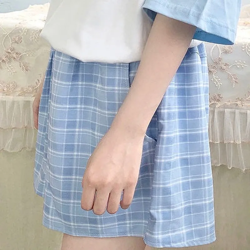 

Shorts Women Loose Elastic Waist Pink Plaid Korean Sweet Style Summer Female Kawaii Vintage Streetwear Preppy Stylish Casual New