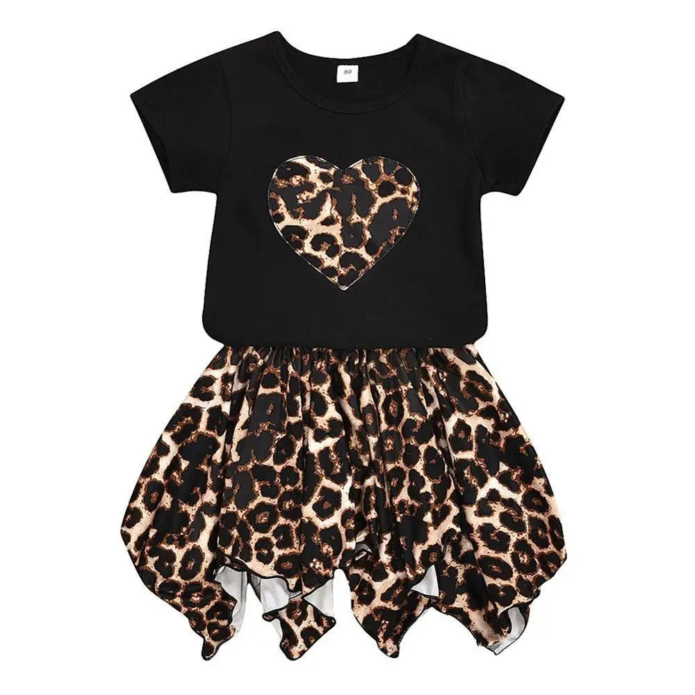 

Летняя футболка с короткими рукавами и цветочным принтом для маленьких девочек + леопардовая юбка модная одежда для малышей