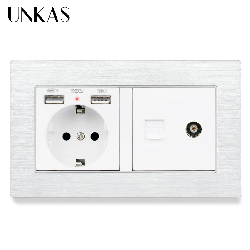 UNKAS Алюминий Панель Европейская Сетевая розетка с двумя портами USB зарядка Порты