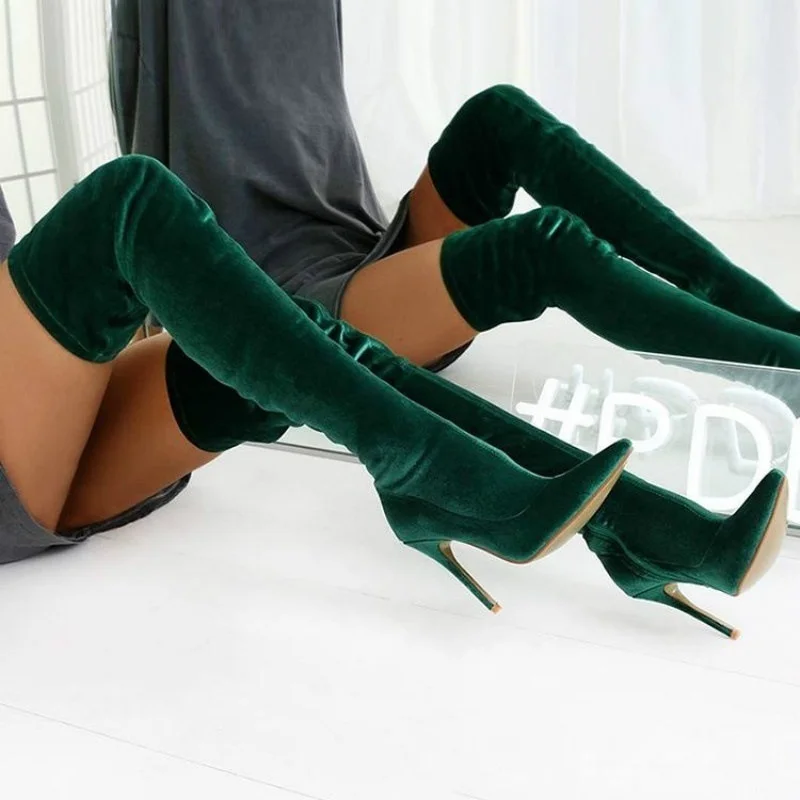 

Fashion Women High Boots 2021 Sexy Pointed Toe Thin Heel Thigh High Long Boots Female Flock Elastic Green Over The Knee Boots