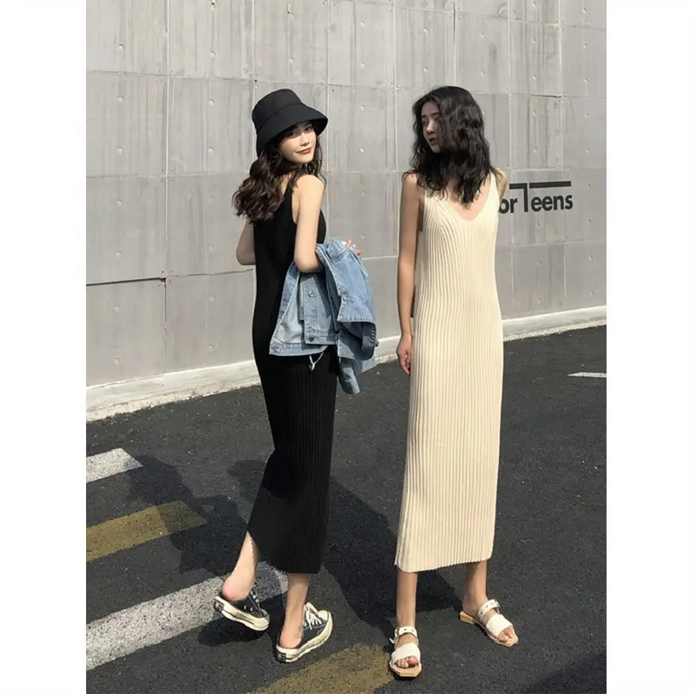 

HOUZHOU Knitted Dress White Sexy V-Neck Midi Dress Bare Shoulder Sundresses Spaghetti Strap Office Lady Elegant Fashion