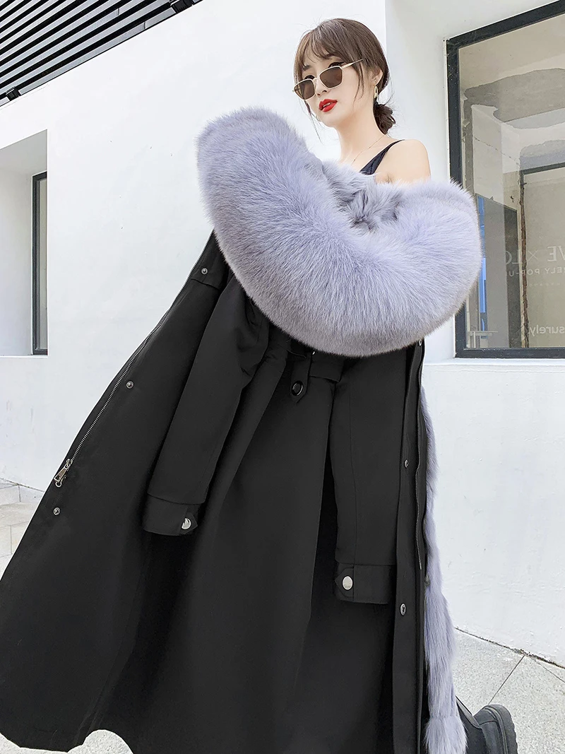 2021 New Winter Women's Leather Coat Long Detachable Rabbit Fur Lining Hooded Parka Big Fox Fur Collar Warm Fur Coat Jacket