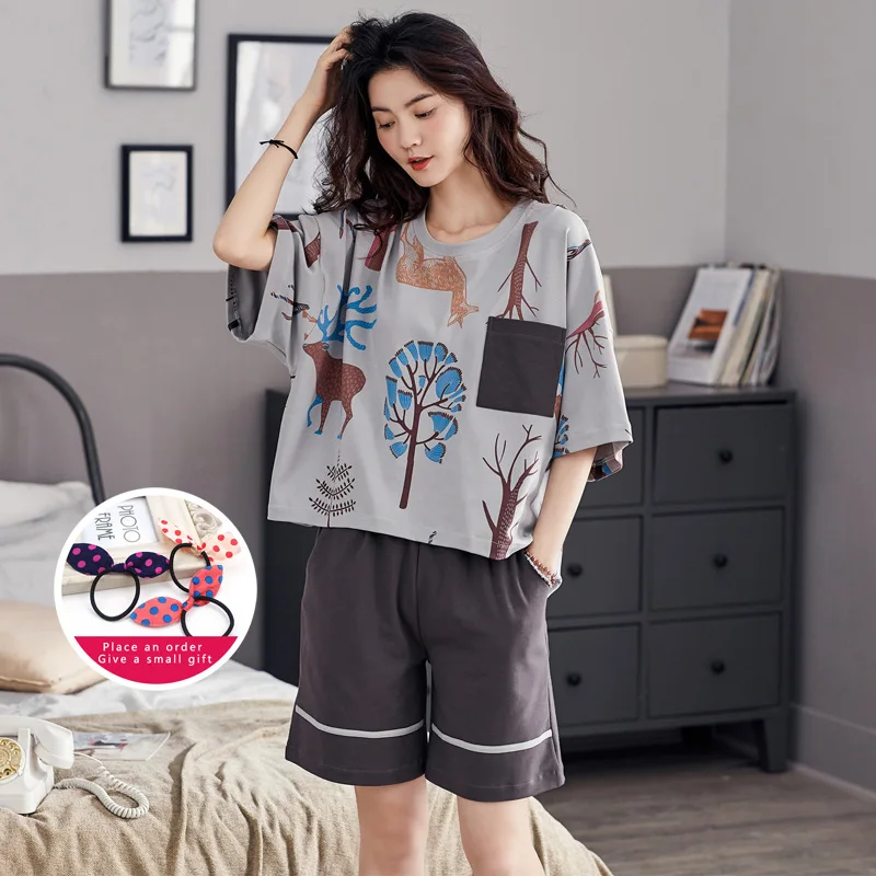 Серые комплекты одежды для сна женщин простые пижамы с рисунком леса шорты