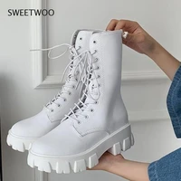 2021 new mid calf boots women autumn winter fashion lace up zipper boots sports platform heel ladies shoes