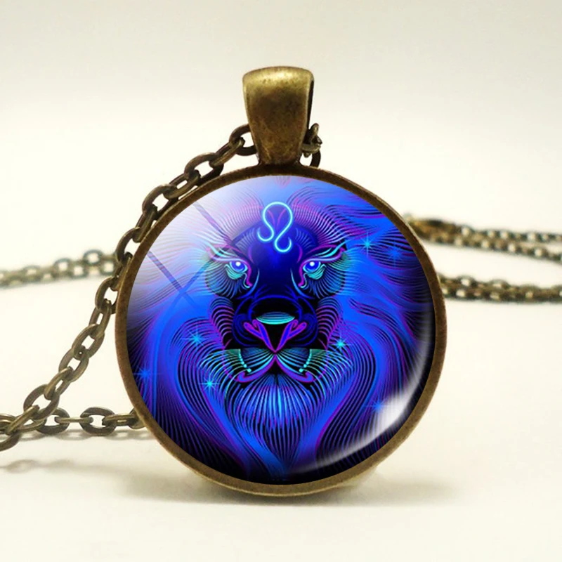 

Vintage 12 Constellations Glass Cabochon Pendant Necklace Zodiac Sign Jewelry for Women Men Birthday Gifts