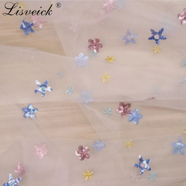 

Tulle Mesh Fabric Patchwork Material Colored Star Sequin Embroidery Lace Fabric for Sewing DIY Dolls Cloth Making Fabric