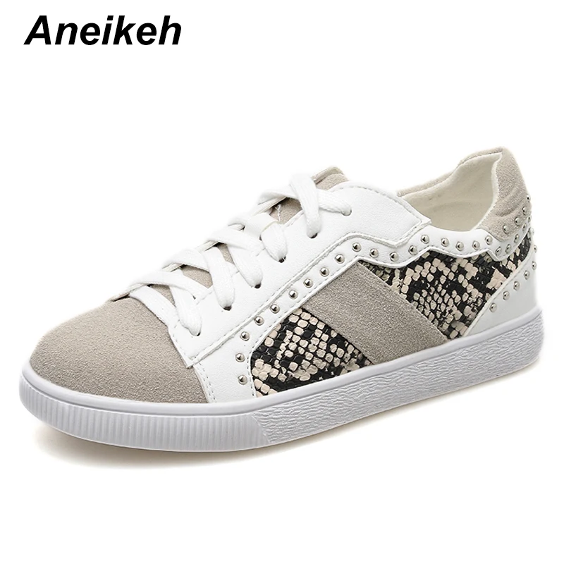 white Aneikeh/Новые Модные женские тонкие туфли с леопардовым принтом; женские мягкие удобные повседневные белые туфли из искусственной кожи на низкой плоской подошве для студентов; Shcool - Цвет: white