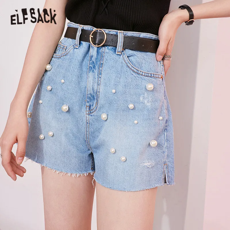 

ELFSACK Solid High Waist Pearl Beaded Smart Casual Women Denim Shorts 2021 Summer Pure Chic Korean Ladies Basic Daily Bottoms
